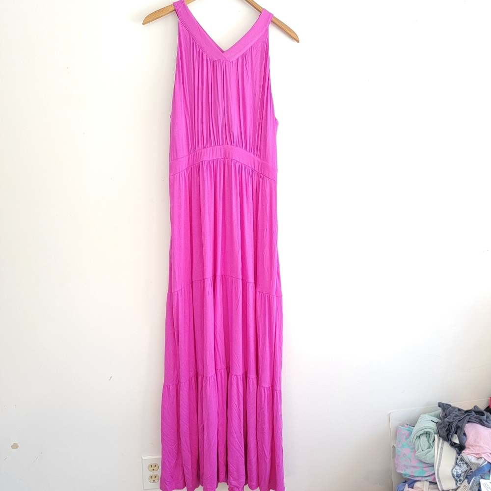 Soma Weekend Crossover Halter Soft Jersey Pink Maxi Dress Tiered Ruffle Large - Picture 10 of 11
